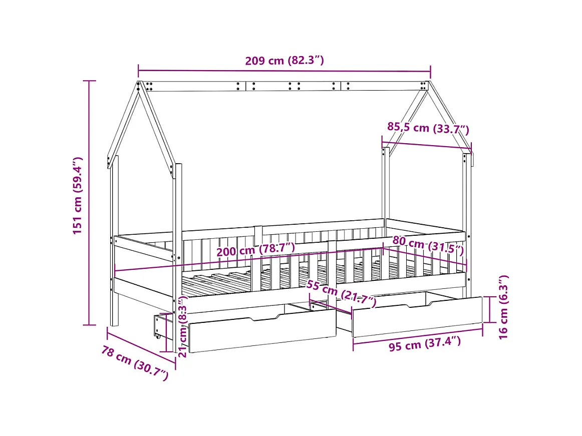 Cadre de lit enfants avec tiroirs sans matelas 80x200 cm bois