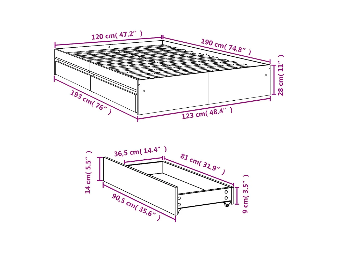 Giroletto con Cassetti Rovere Fumo 120x190 cm Legno Multistrato
