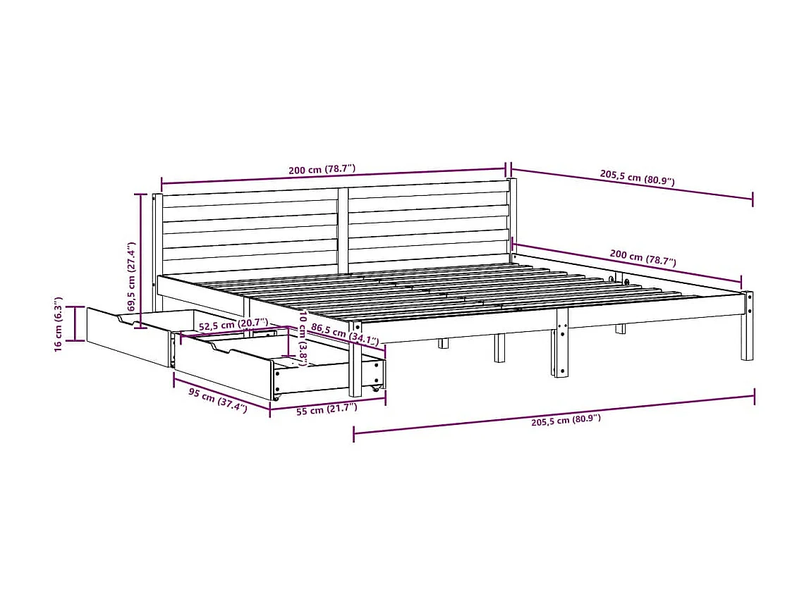 Cadre de lit sans matelas 200x200 cm bois massif de pin