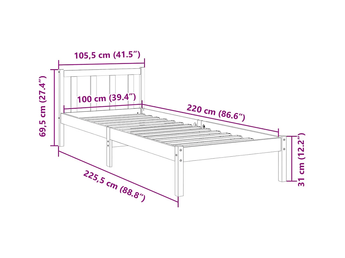 Cadre de lit extra long sans matelas 100x220 cm bois massif pin