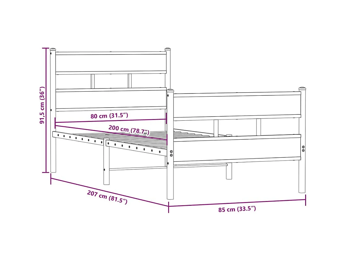 Cadre de lit en métal sans matelas chêne sonoma 80x200 cm