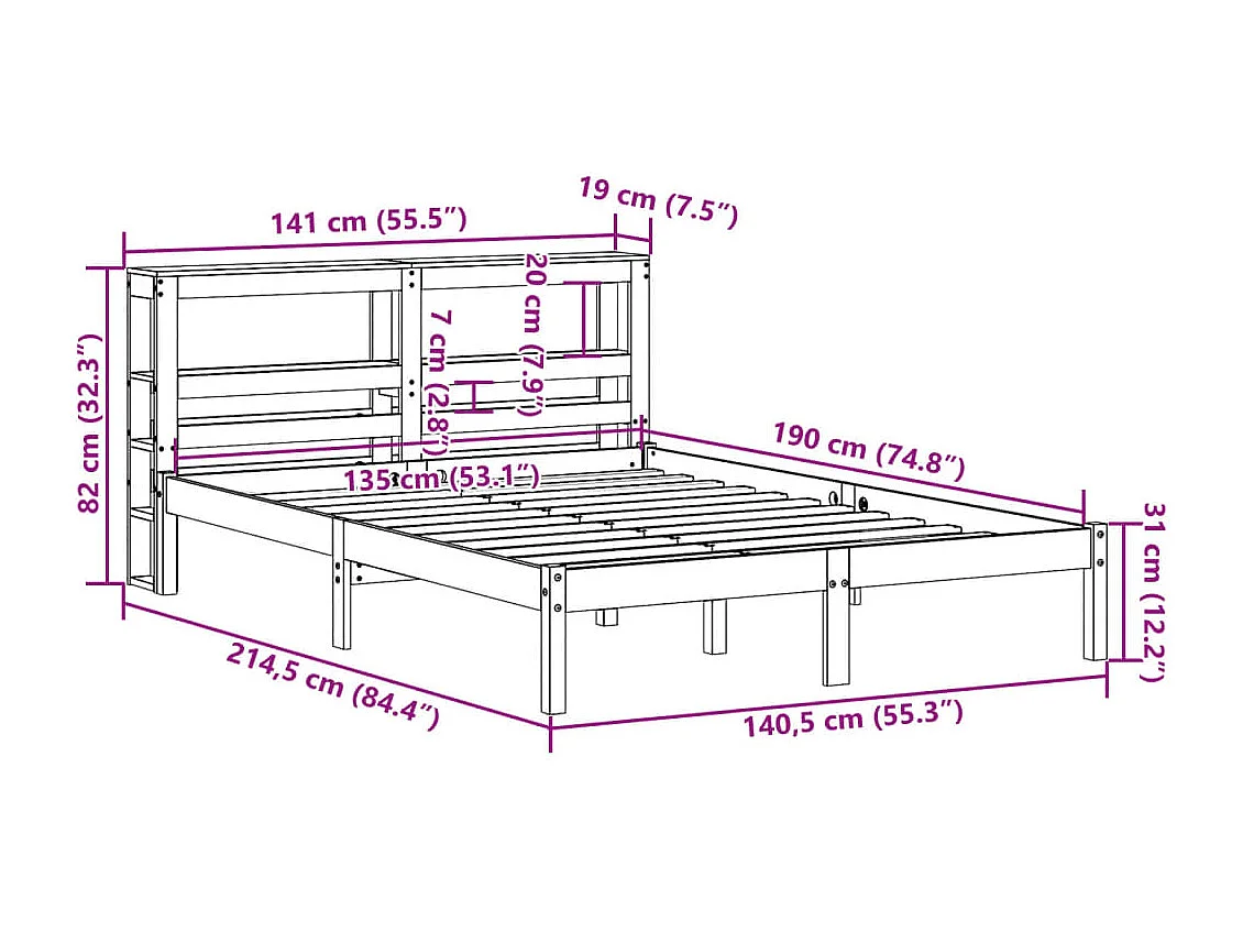 Estructura cama con cabecero madera pino marrón cera 135x190 cm
