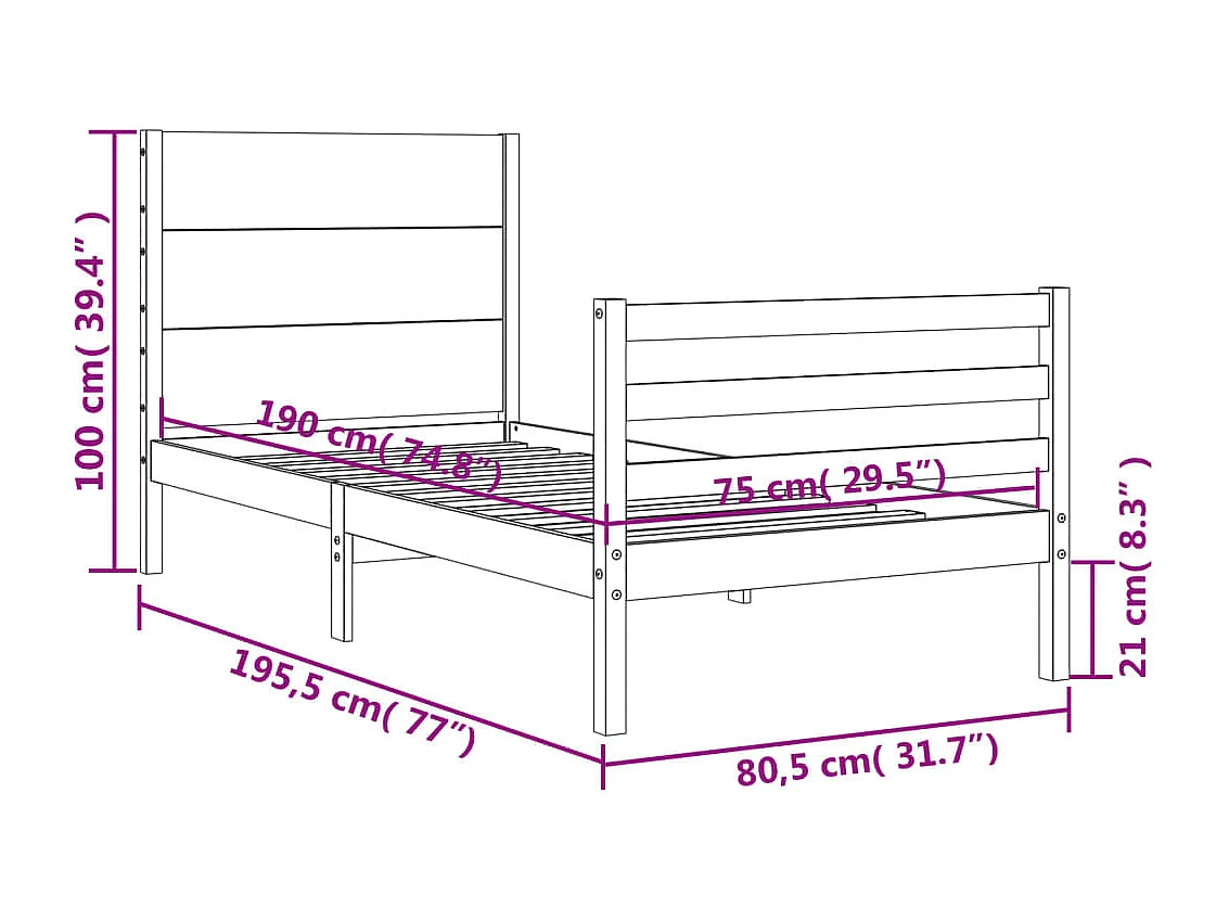 Bedframe met hoofdbord massief hout 2FT6 Small Single