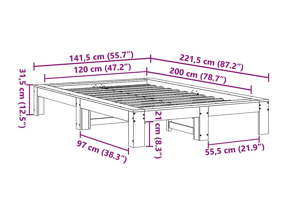Cadre de lit sans matelas cire marron 120x200cm bois pin massif