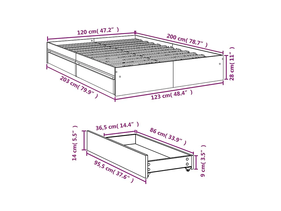 Cadre de lit avec tiroirs sans matelas noir 120x200 cm