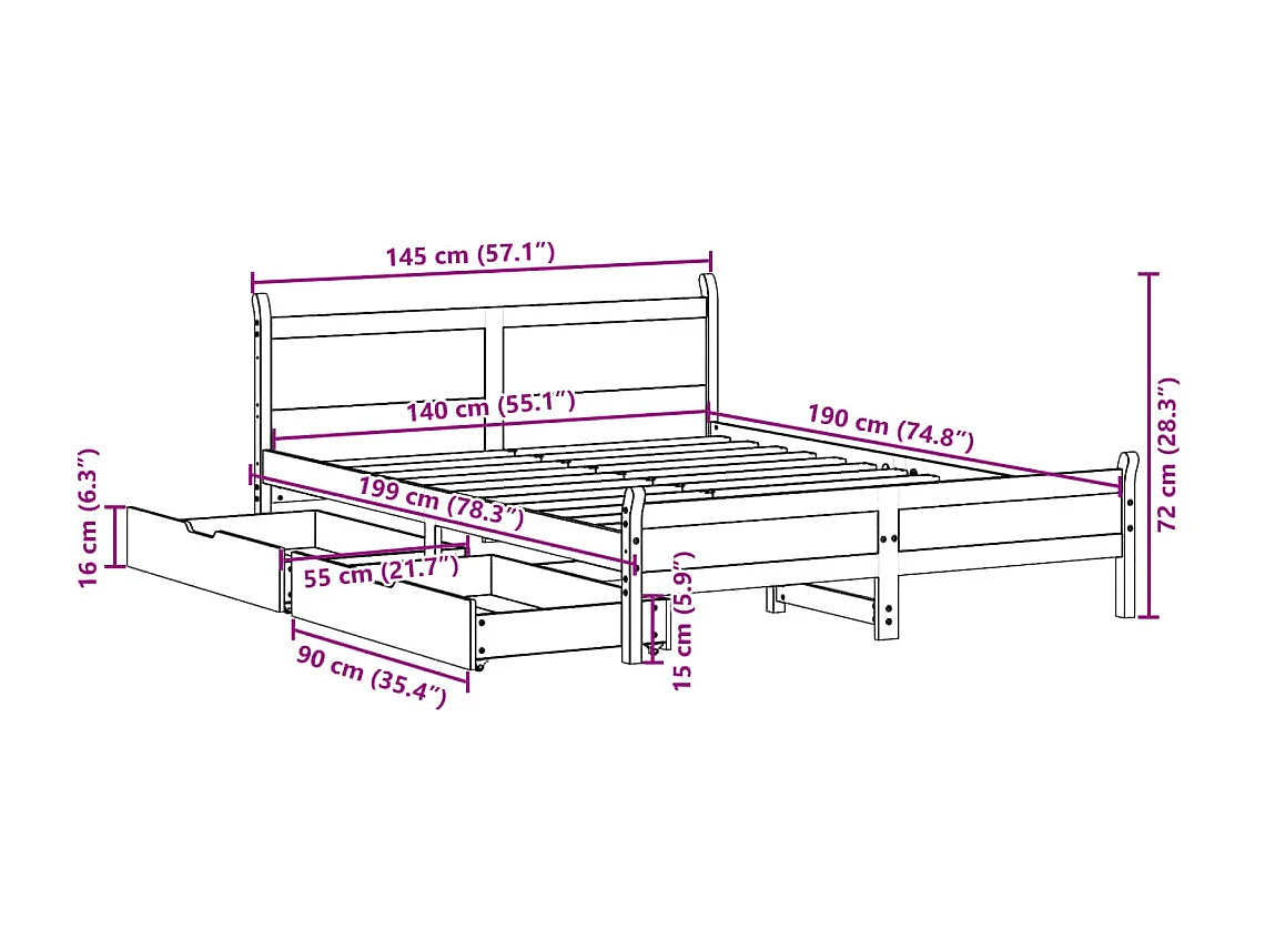 Cadre de lit sans matelas 140x190 cm bois de pin massif