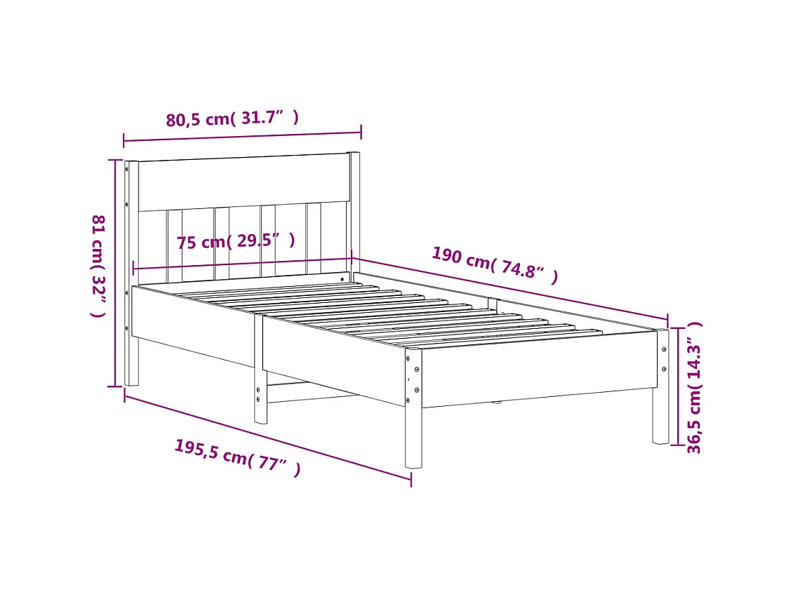 Estructura de cama sin colchón madera maciza pino 75x190 cm