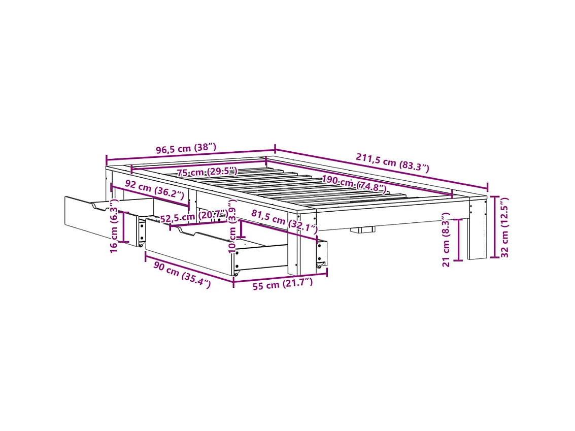 Cadre de lit sans matelas blanc 75x190 cm bois de pin massif