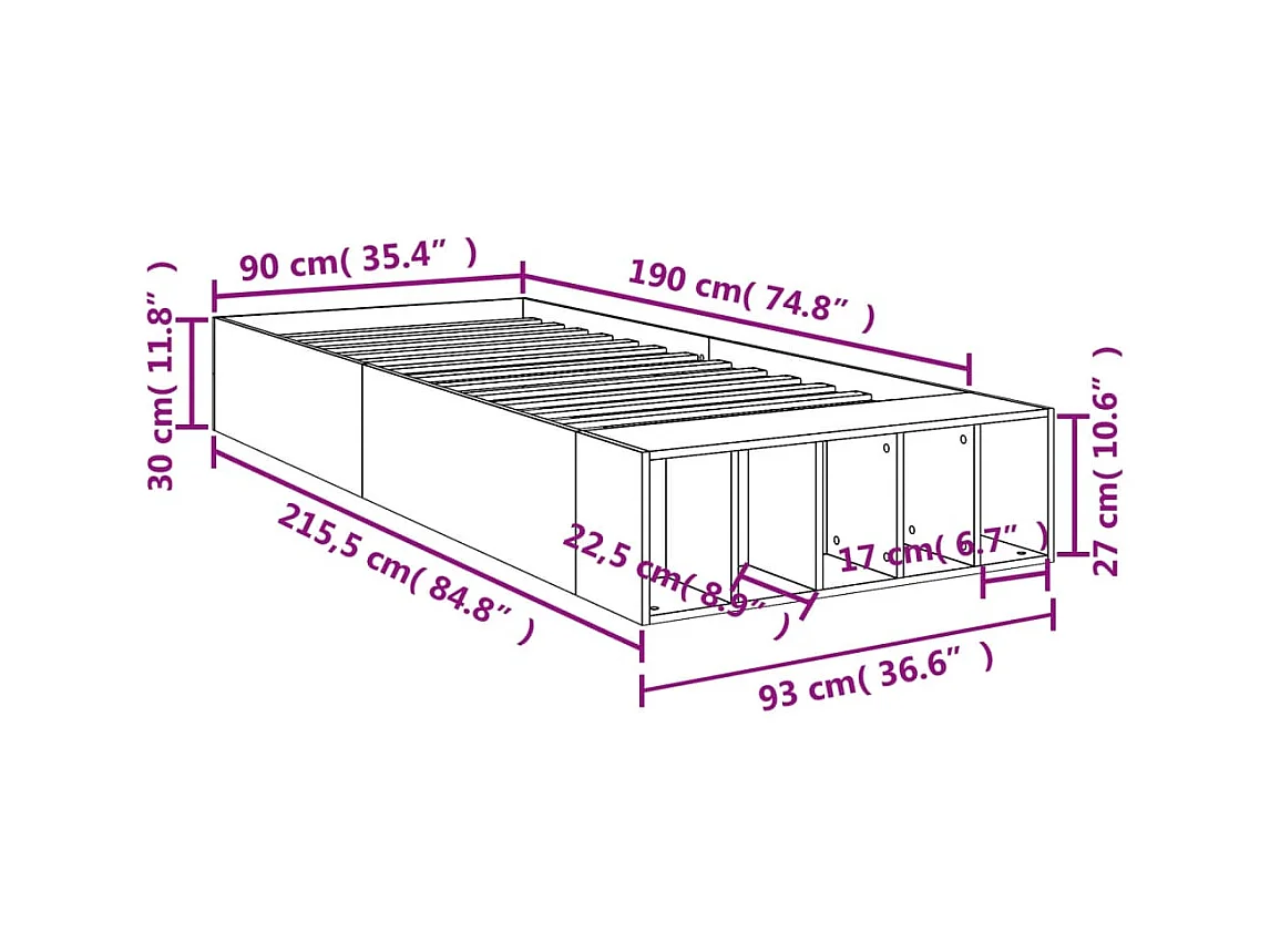 Cadre de lit sans matelas chêne fumé 90x190 cm