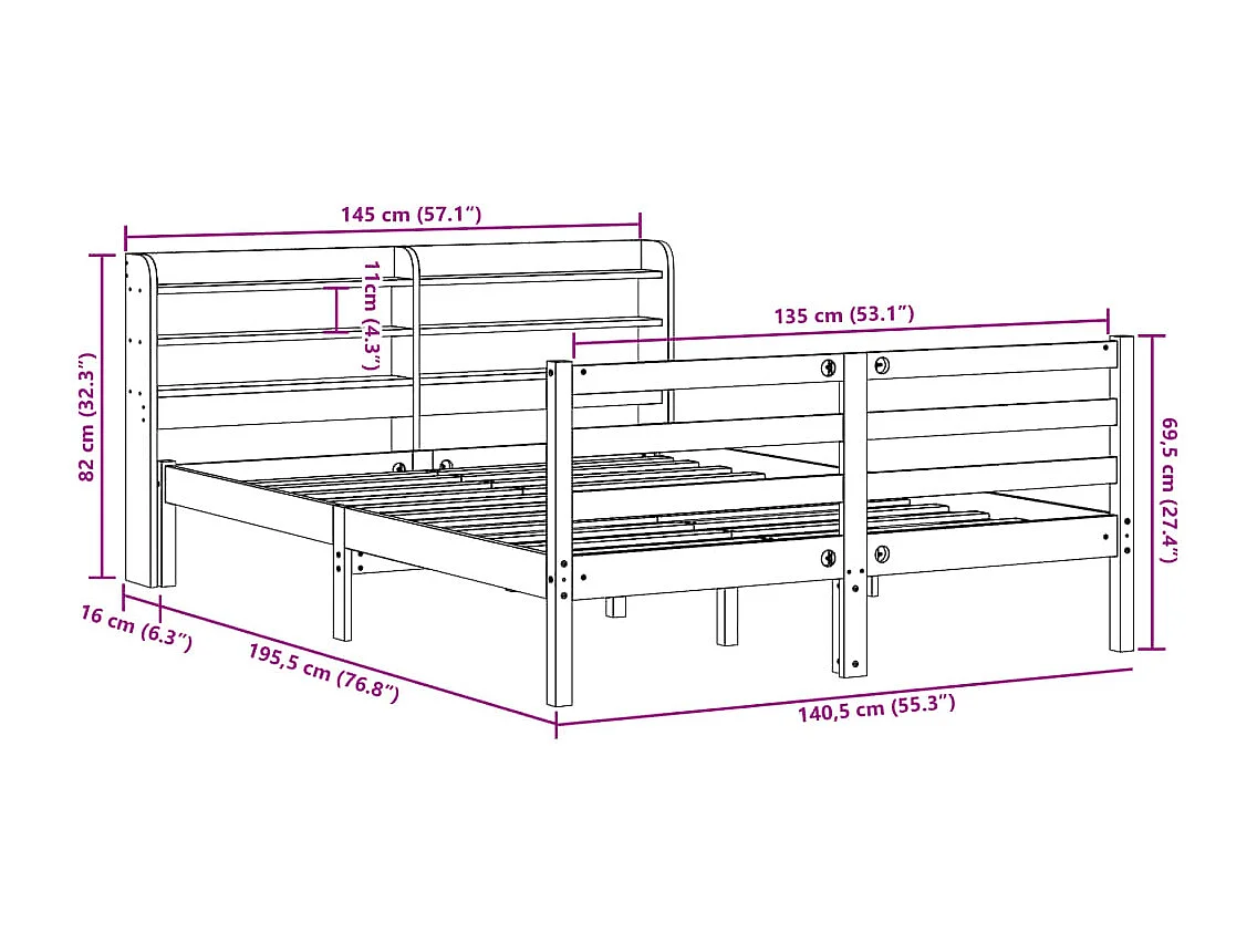Estructura de cama con cabecero madera pino blanco 135x190 cm