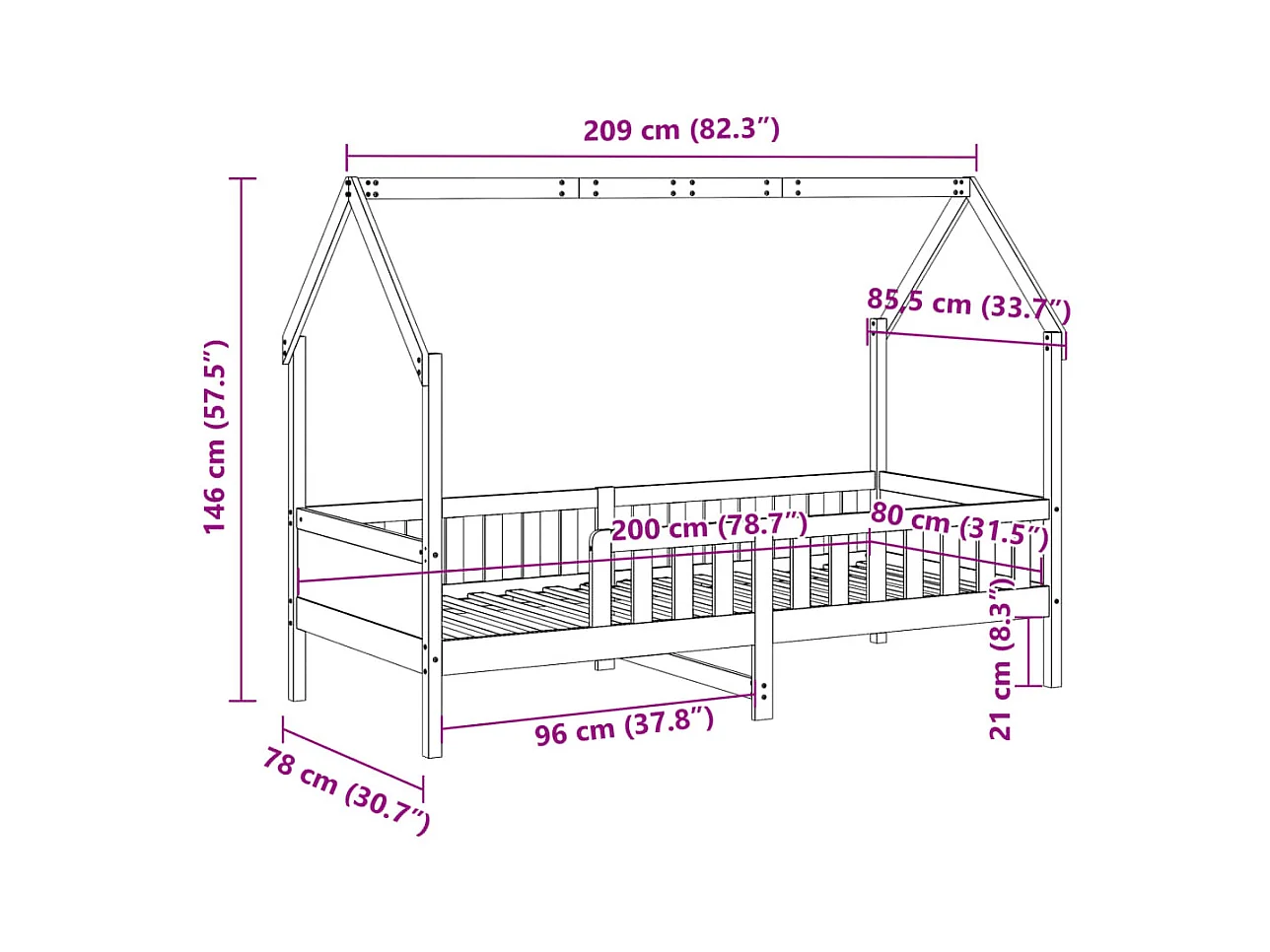 Giroletto Casetta Bambini Marrone Cera 80x200 cm Massello Pino