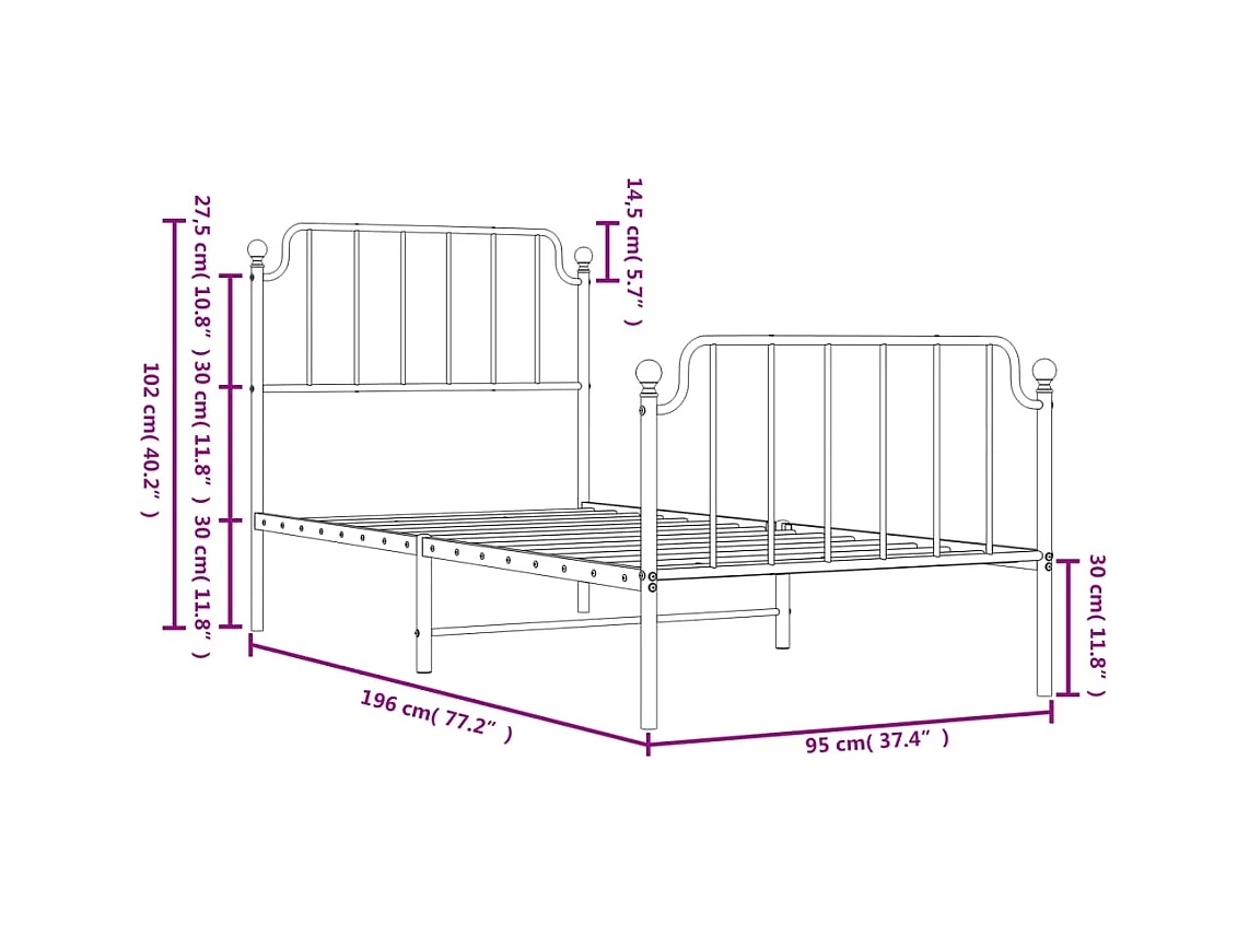 Cadre de lit métal sans matelas avec pied de lit blanc 90x190cm