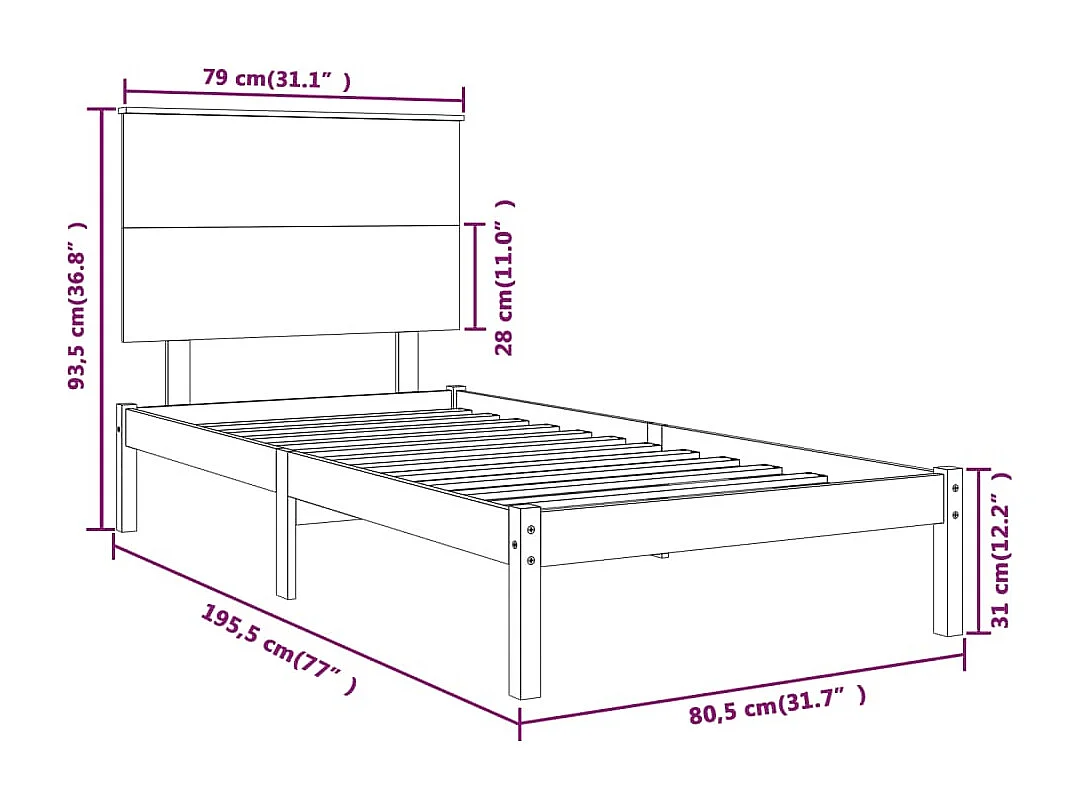 Estructura de cama madera maciza 75x190 cm