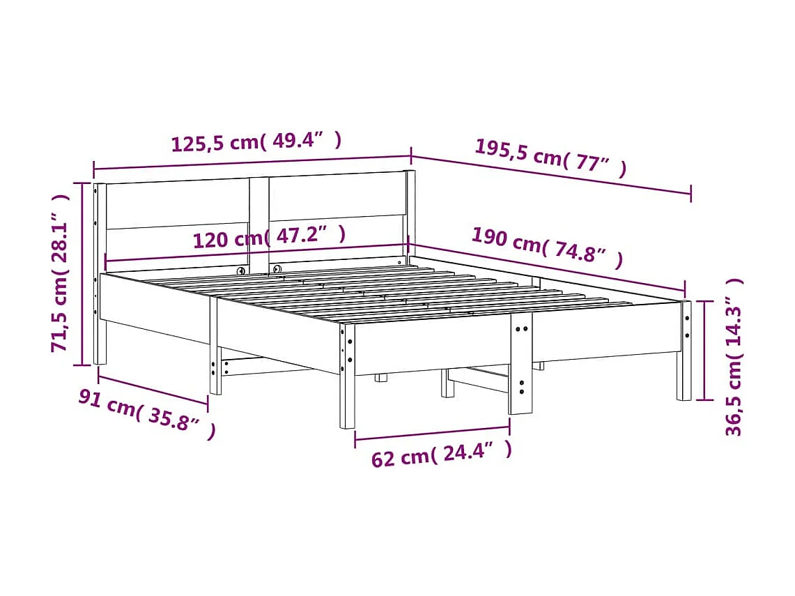 Cadre de lit sans matelas cire marron 120x190cm bois pin massif