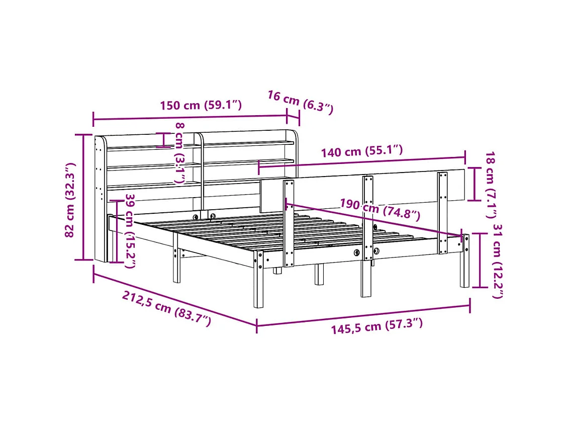 Cama sem colchão 140x190 cm madeira de pinho maciça