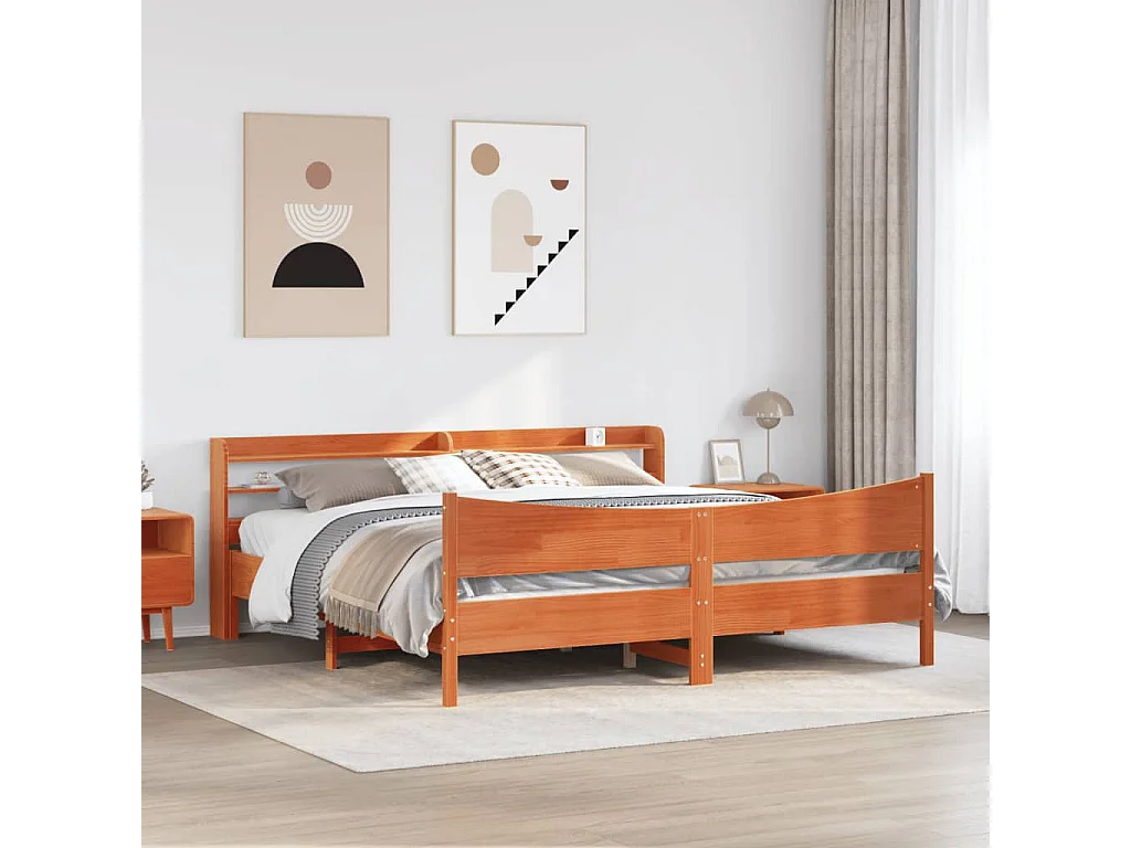 Massivholzbett mit Kopfteil Wachsbraun 200x200 cm Kiefer