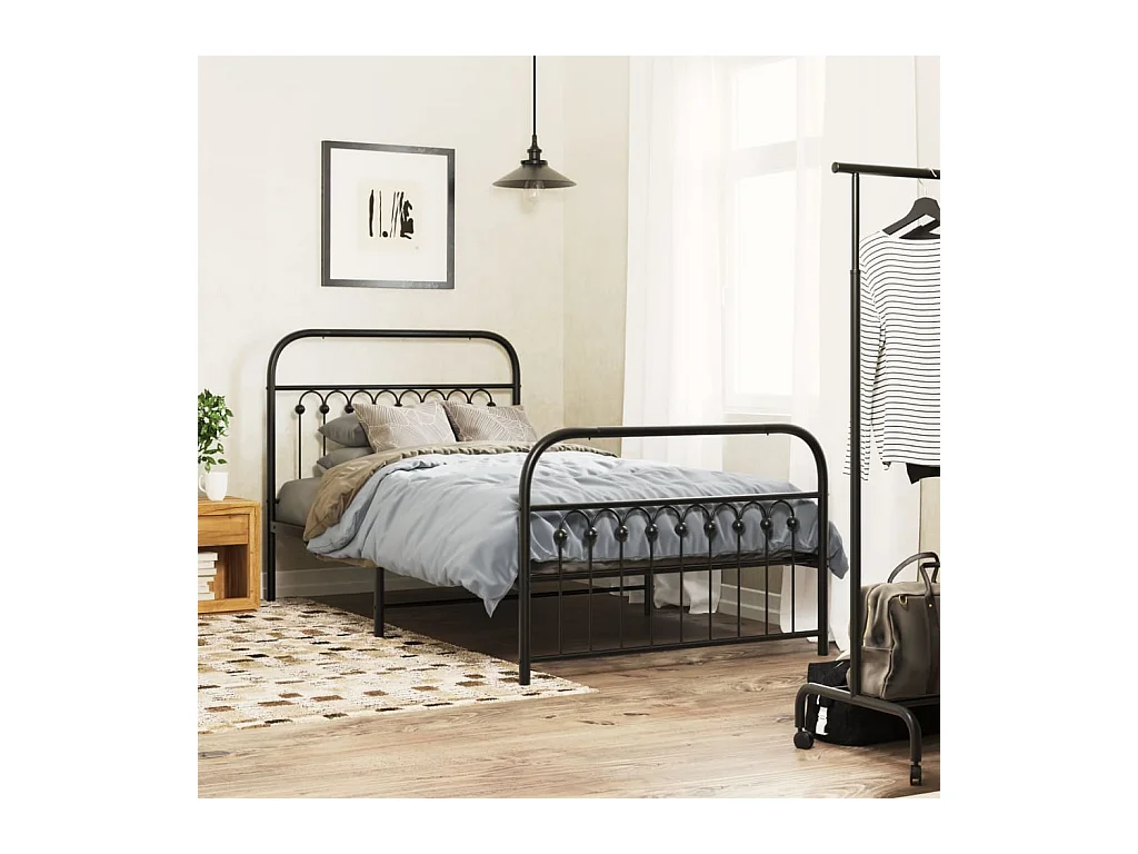 Cadre de lit métal sans matelas avec pied de lit noir 100x190cm