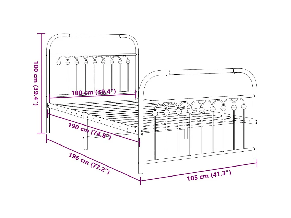 Cadre de lit métal sans matelas avec pied de lit noir 100x190cm