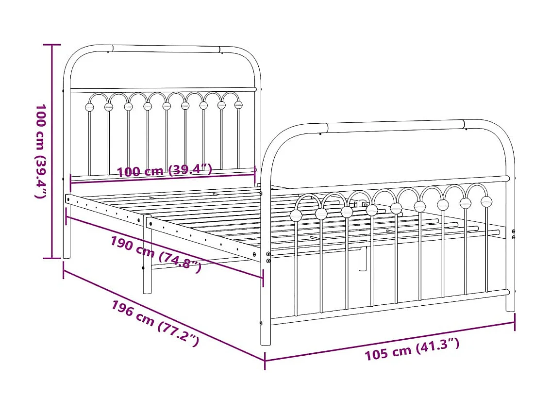 Estrutura de cama com cabeceira e pés 100x190 cm metal preto