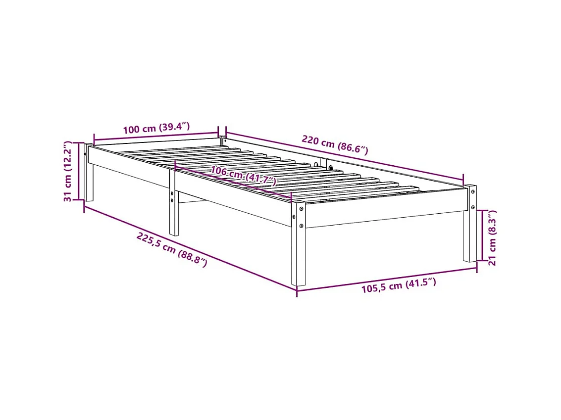 Cadre de lit extra long sans matelas 100x220 cm bois massif pin
