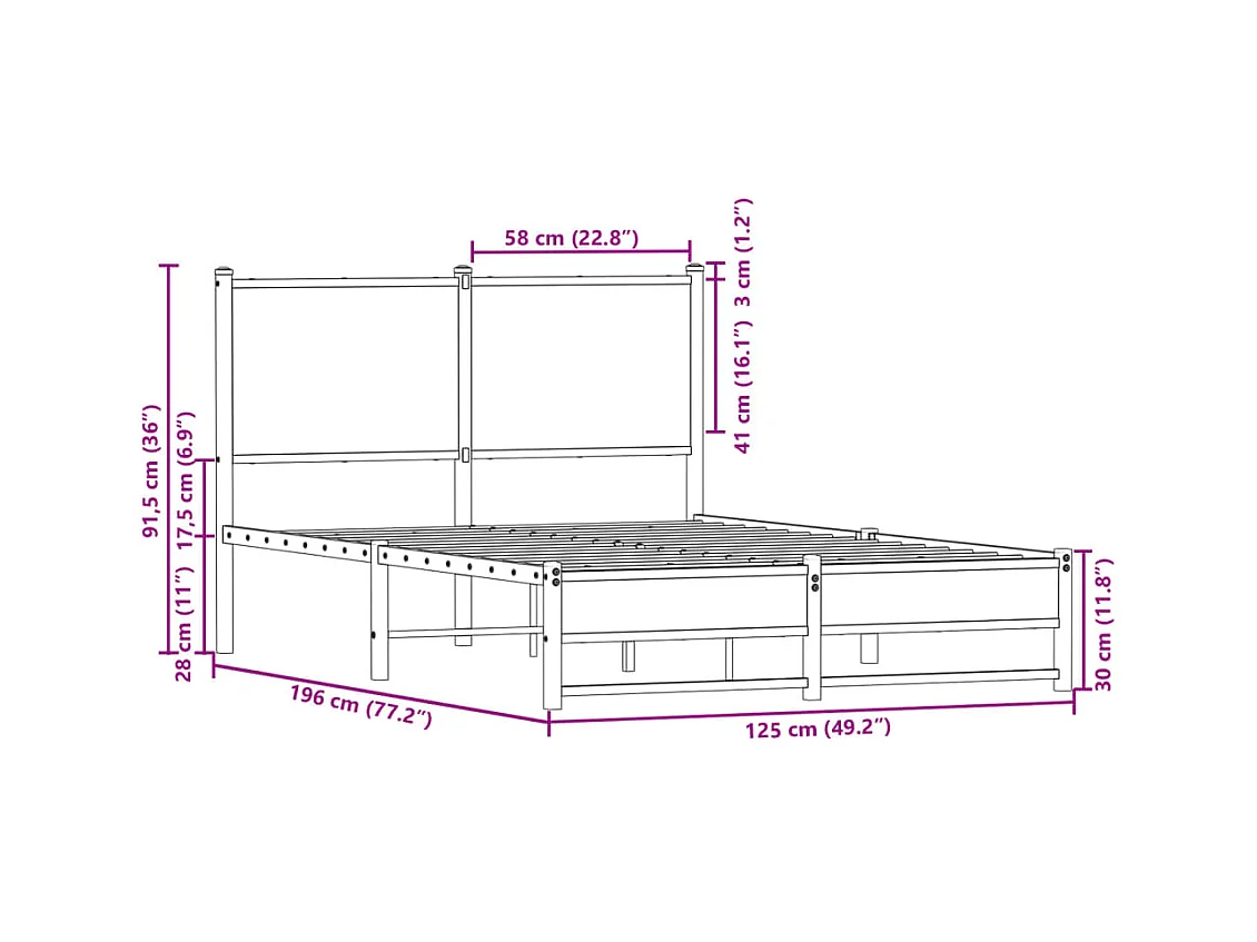 Cadre de lit en métal sans matelas chêne fumé 120x190 cm
