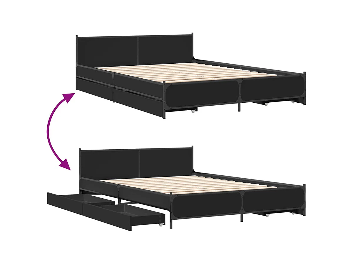 Cadre de lit avec tiroirs sans matelas noir 135x190 cm
