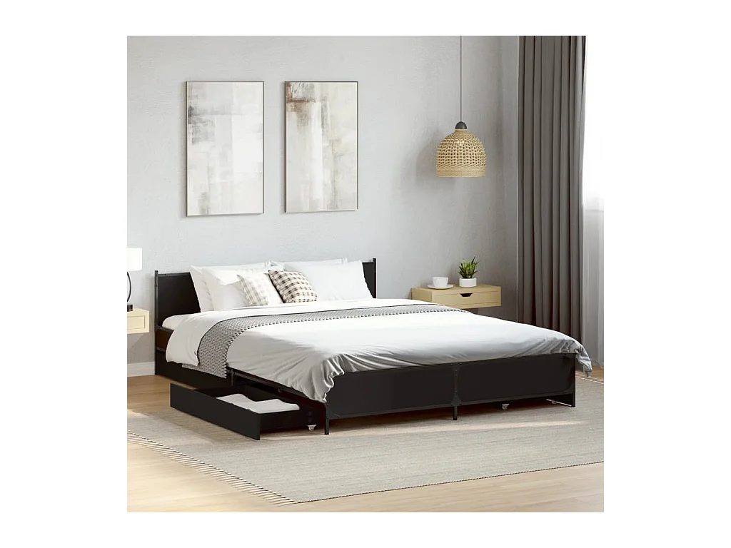 Cadre de lit avec tiroirs sans matelas noir 135x190 cm