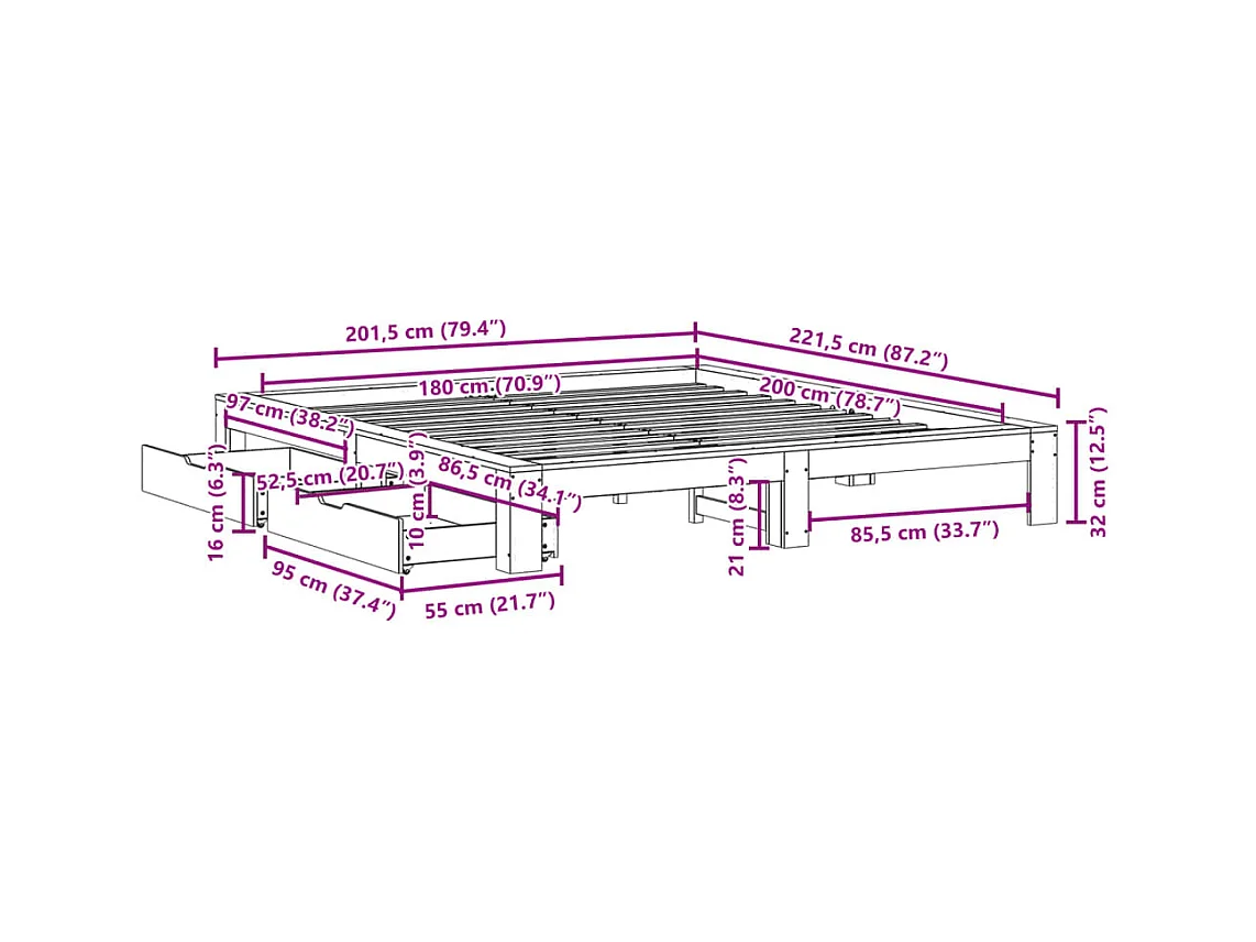 Cadre de lit sans matelas blanc 180x200 cm bois massif de pin