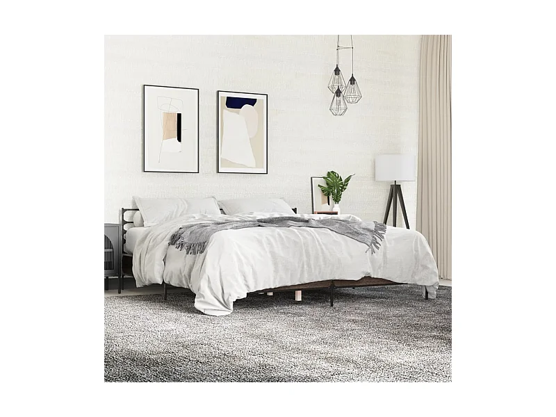 Estructura cama madera ingeniería metal marrón roble 200x200 cm
