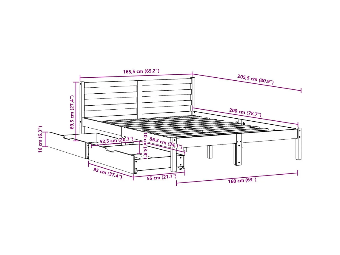 Cadre de lit sans matelas 160x200 cm bois massif de pin