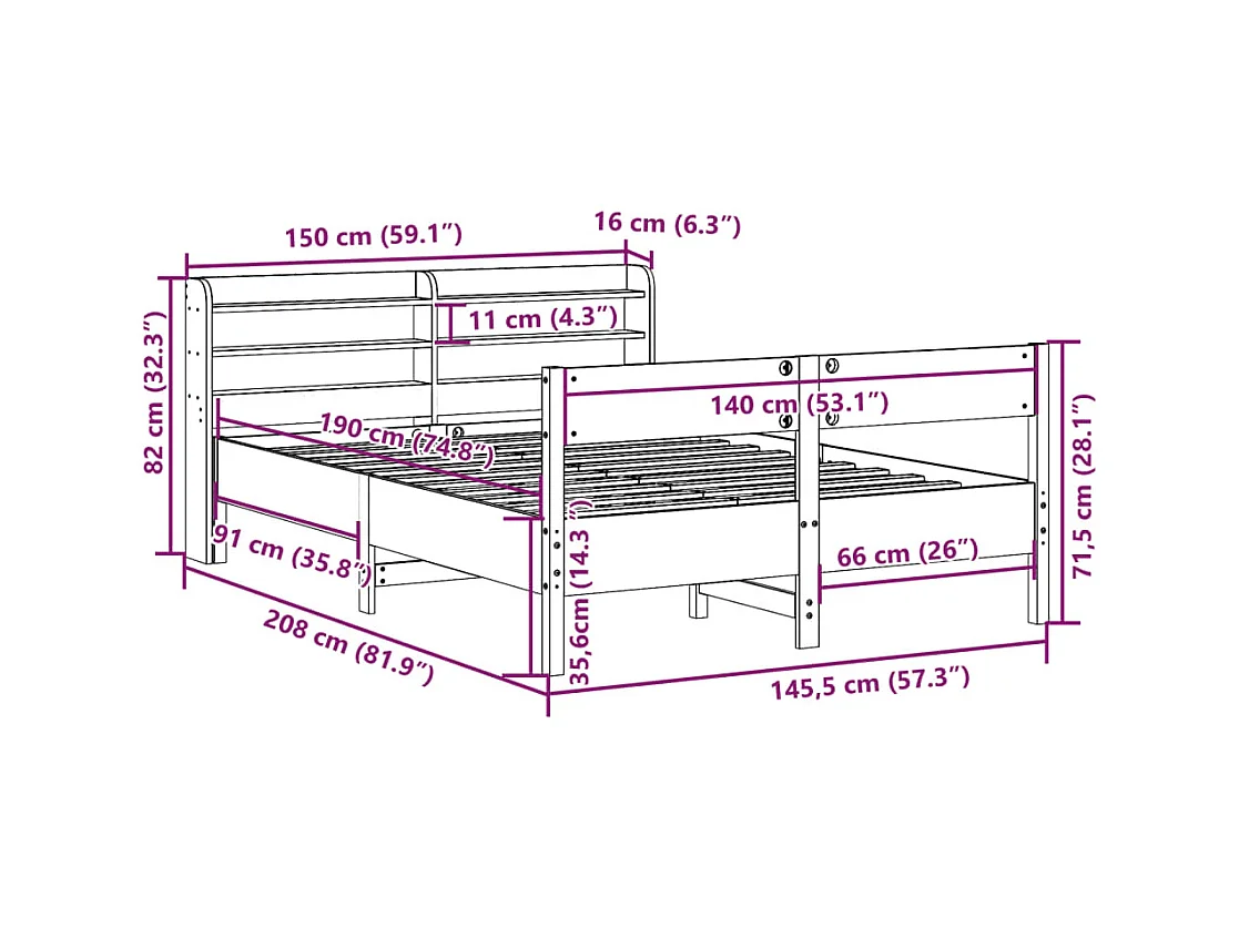 Cama sem colchão 140x190 cm pinho maciço castanho-mel