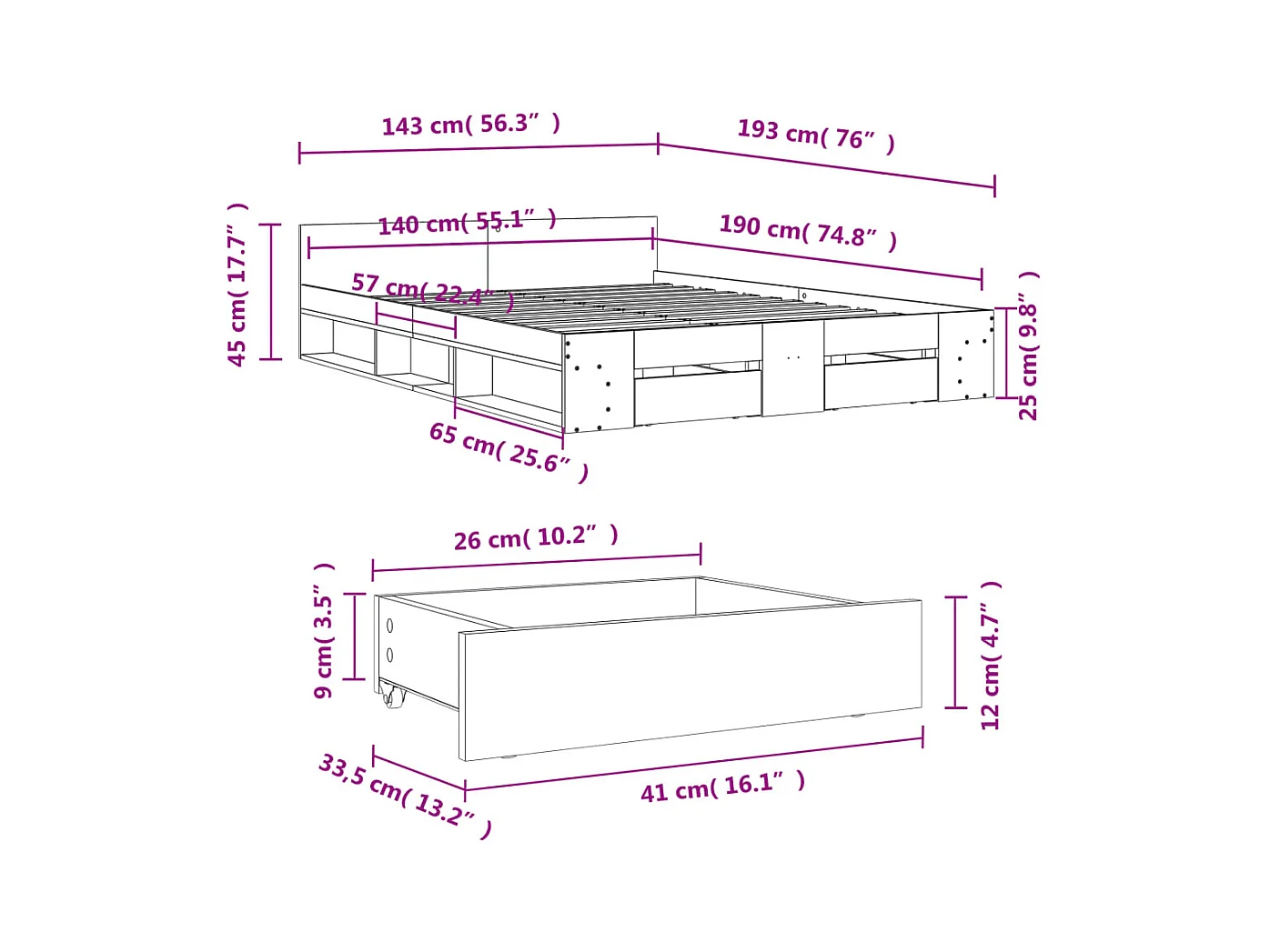 Cadre de lit avec tiroirs sans matelas blanc 140x190 cm