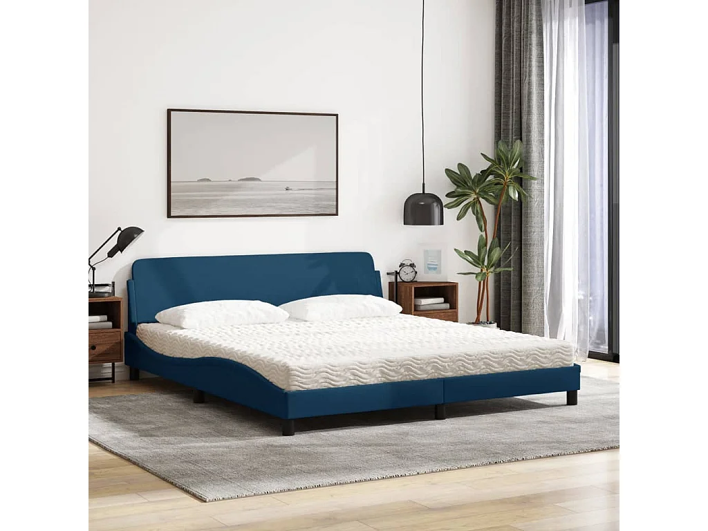 Lit avec matelas bleu 180x200 cm tissu