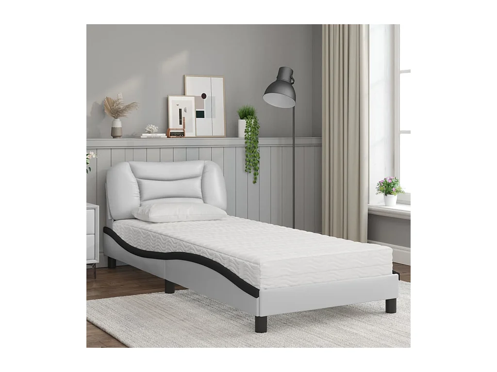 Cama com colchão branco e preto 90x200 cm couro sintético
