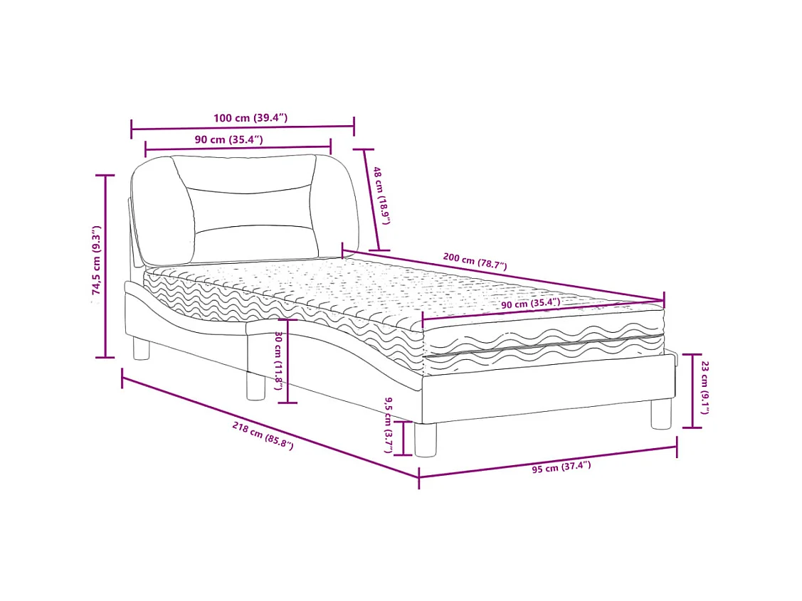Cama com colchão branco e preto 90x200 cm couro sintético