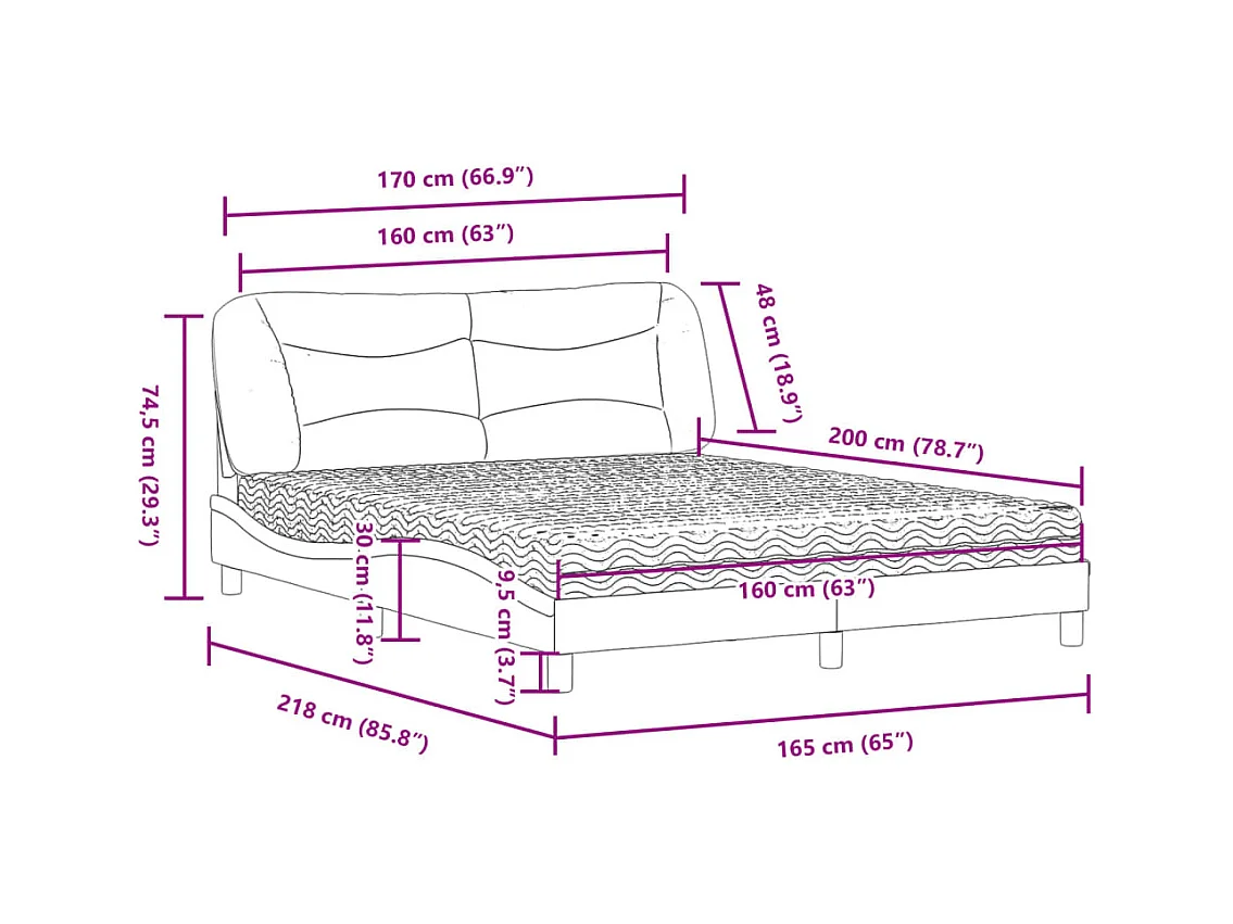 Lit avec matelas blanc et noir 160x200 cm similicuir