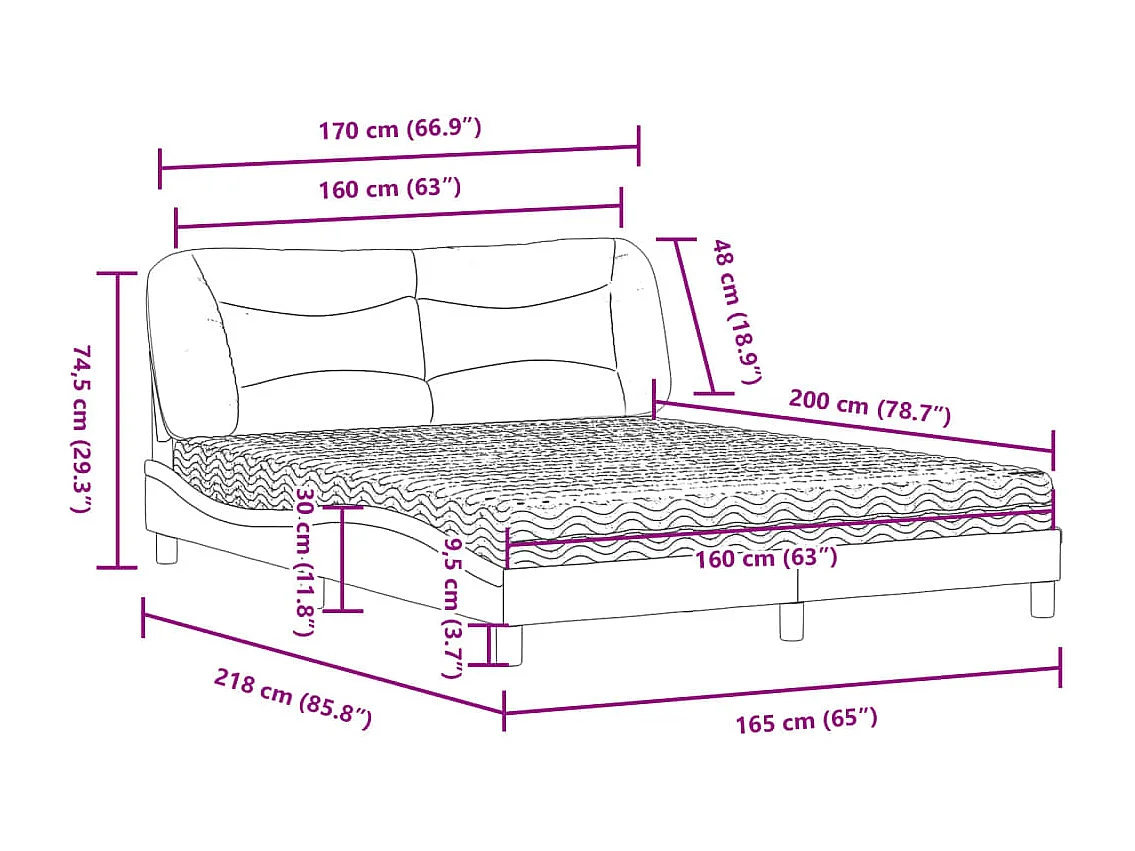 Lit avec matelas blanc et noir 160x200 cm similicuir