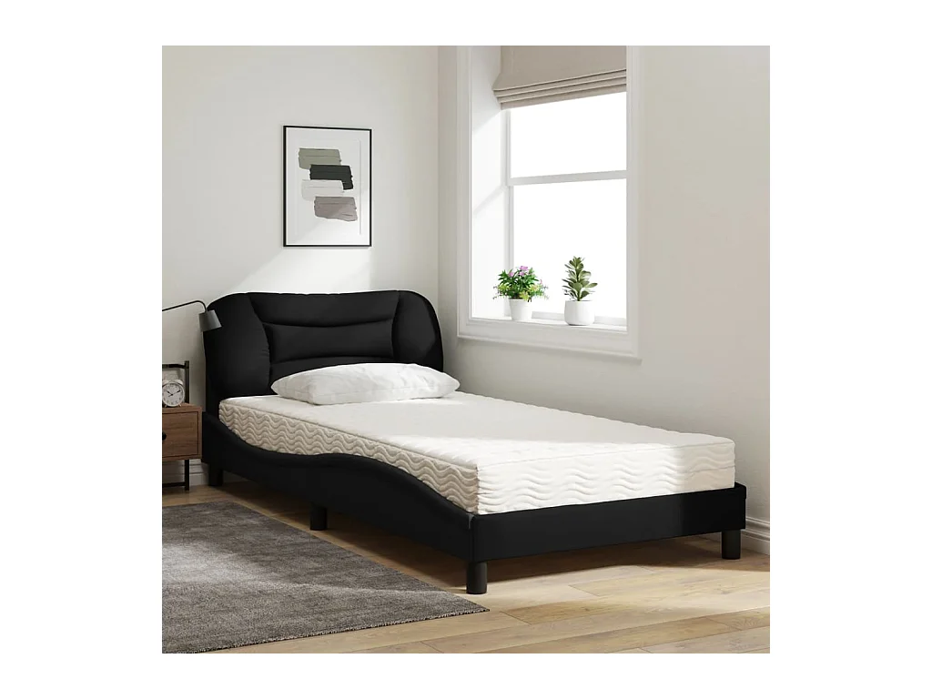 Lit avec matelas noir 100x200 cm tissu