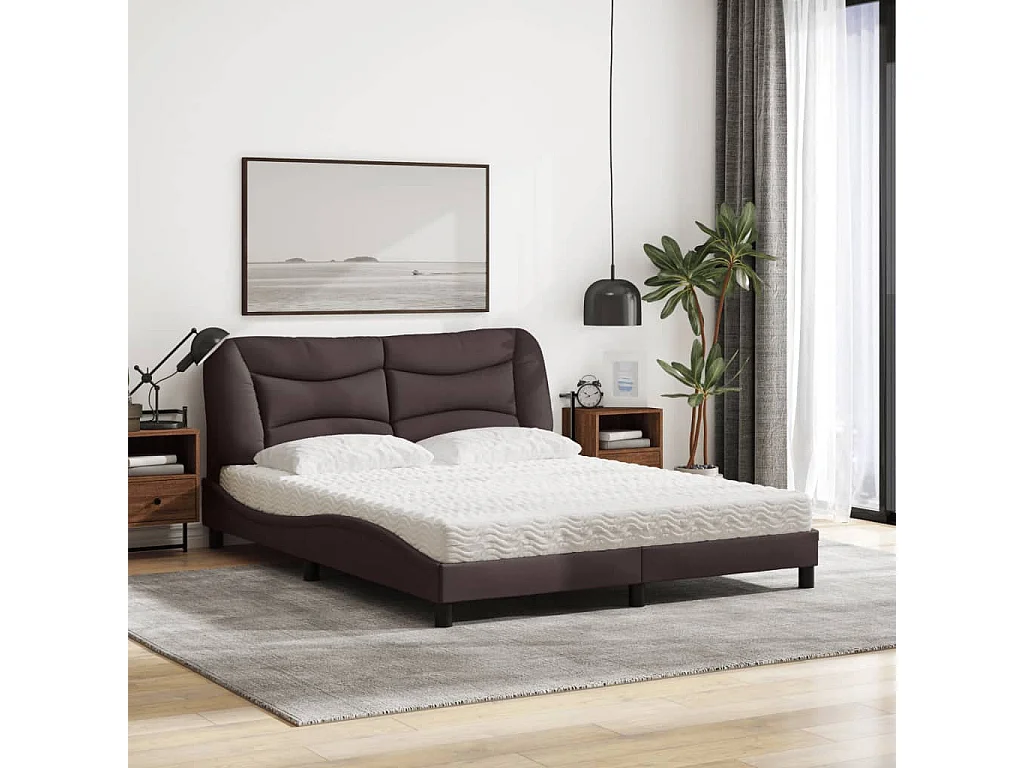 Lit avec matelas marron foncé 160x200 cm tissu