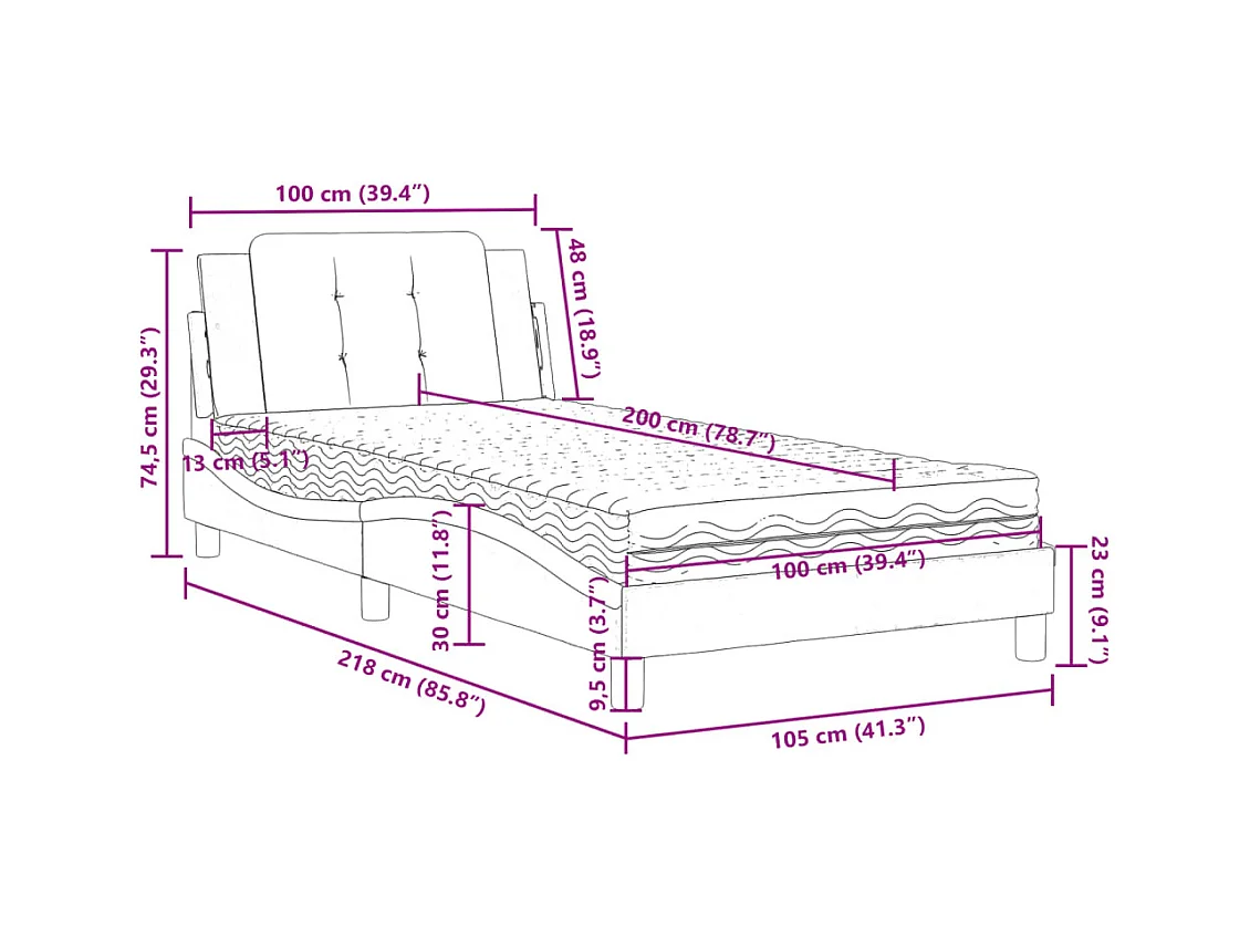 Lit avec matelas noir et blanc 100x200 cm similicuir