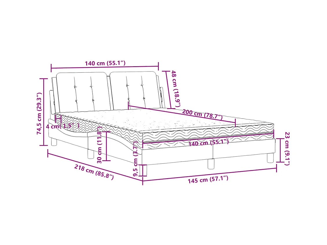 Lit avec matelas noir et blanc 140x200 cm similicuir