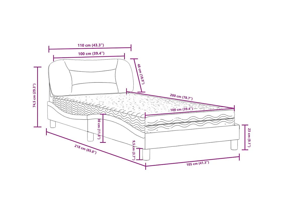 Lit avec matelas blanc et noir 100x200 cm similicuir