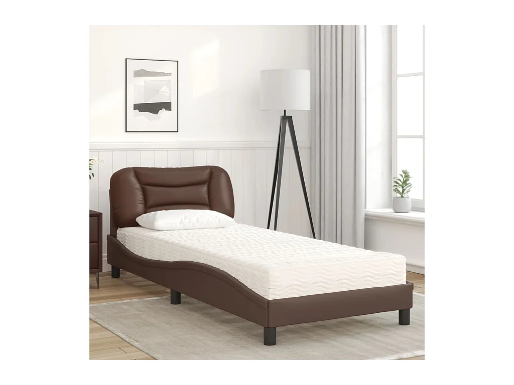 Cama con colchón cuero sintético marrón 90x200 cm