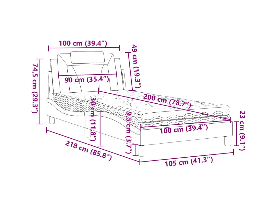 Cama con colchón cuero sintético negro y blanco 100x200 cm