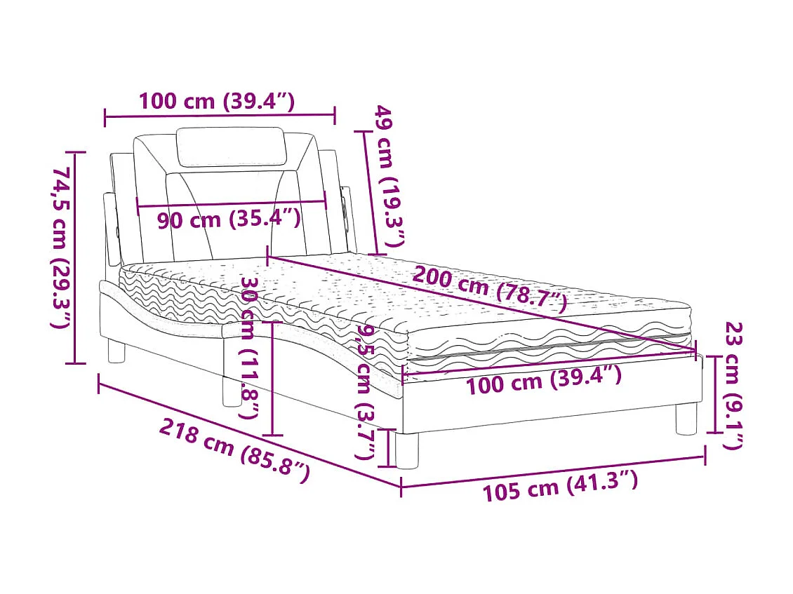 Cama com colchão preto e branco 100x200 cm couro sintético