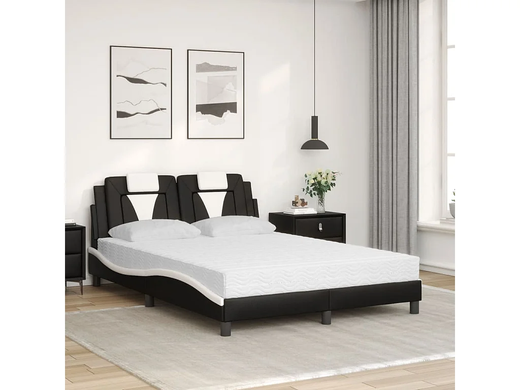 Lit avec matelas noir et blanc 140x190 cm similicuir