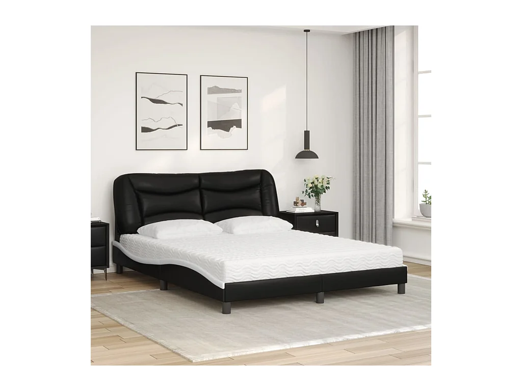 Cama con colchón cuero sintético negro y blanco 160x200 cm