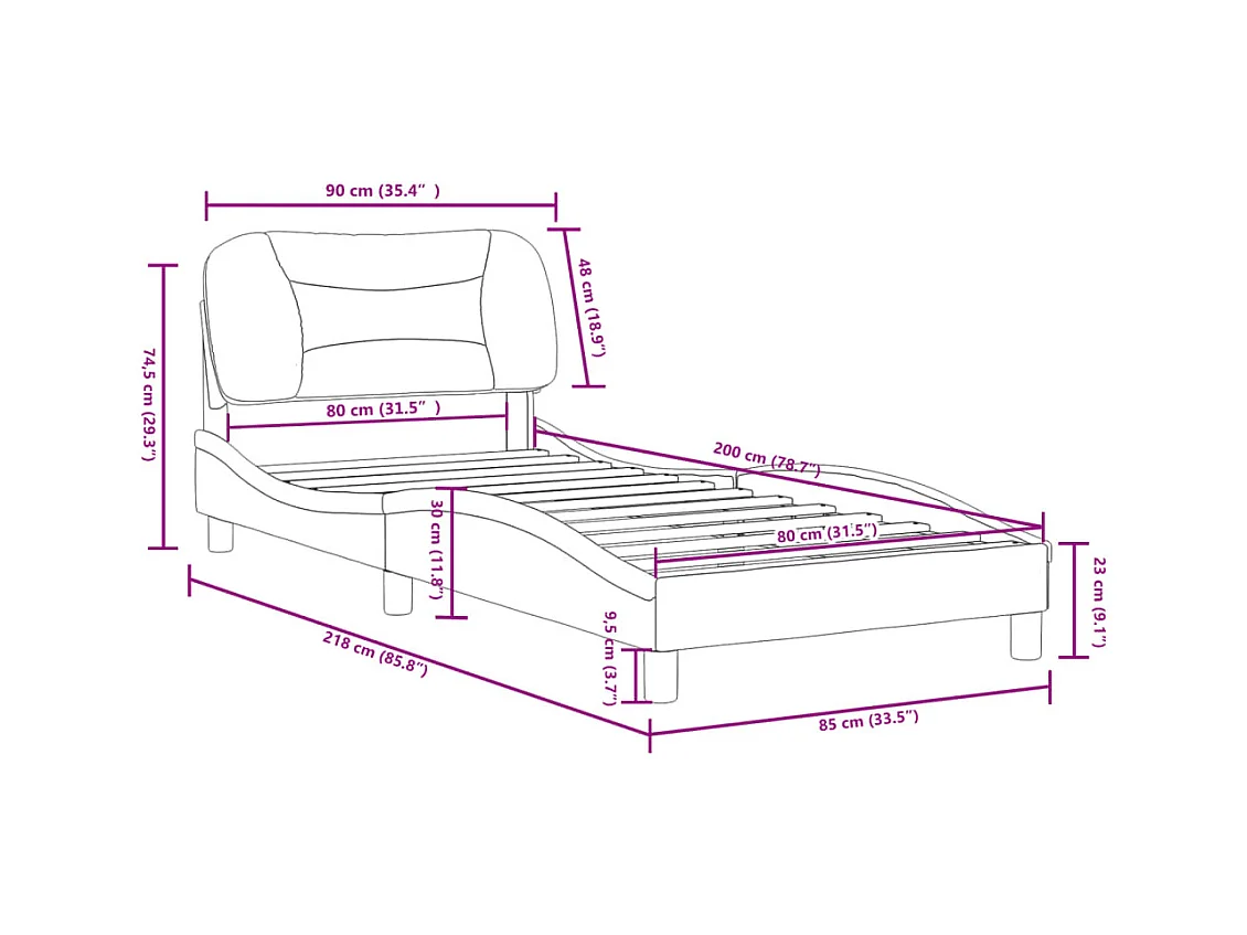 Estrutura de cama c/ cabeceira couro artificial 80x200cm branco