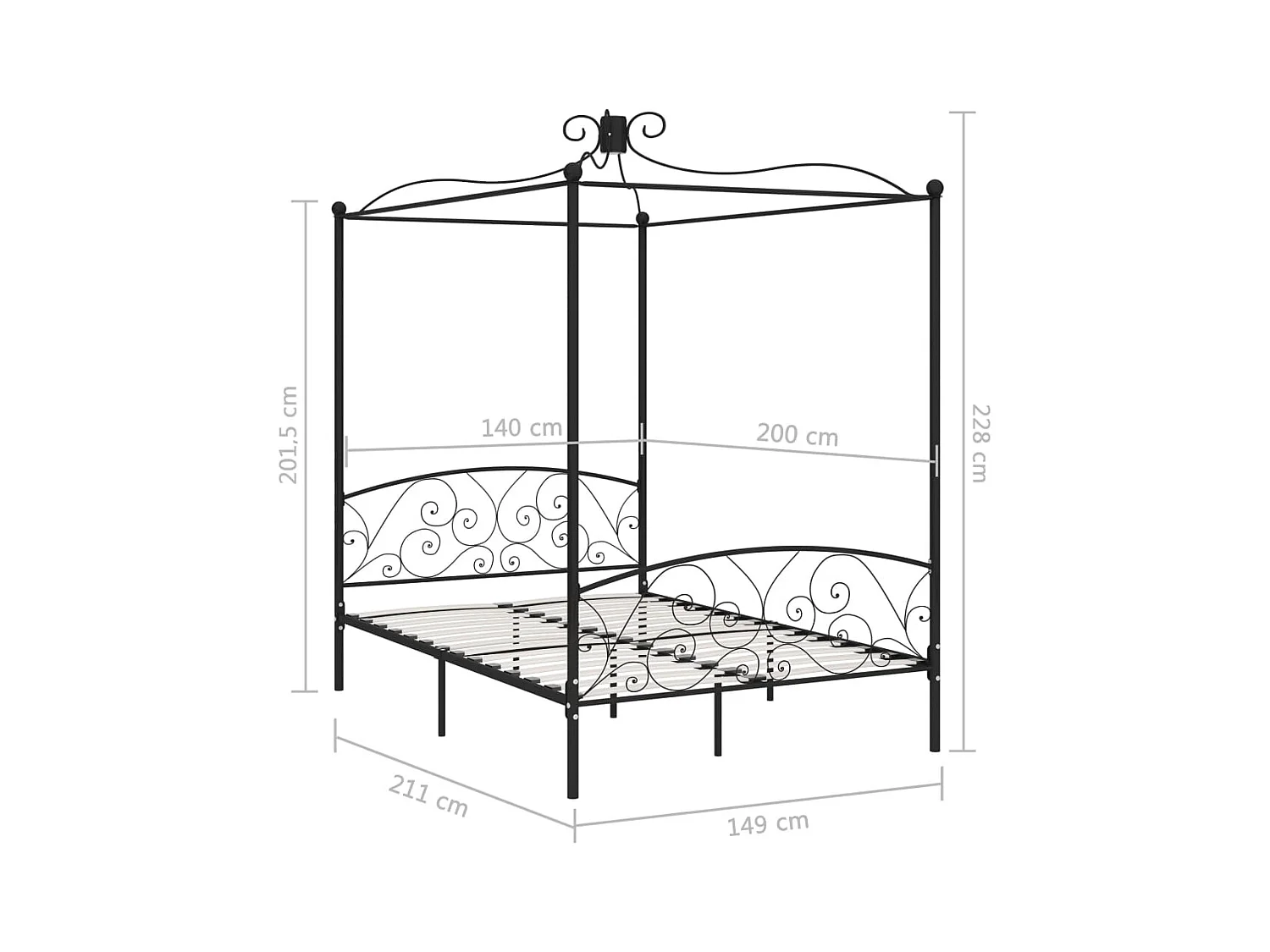 Letto a Baldacchino Nero in Metallo 140x200 cm