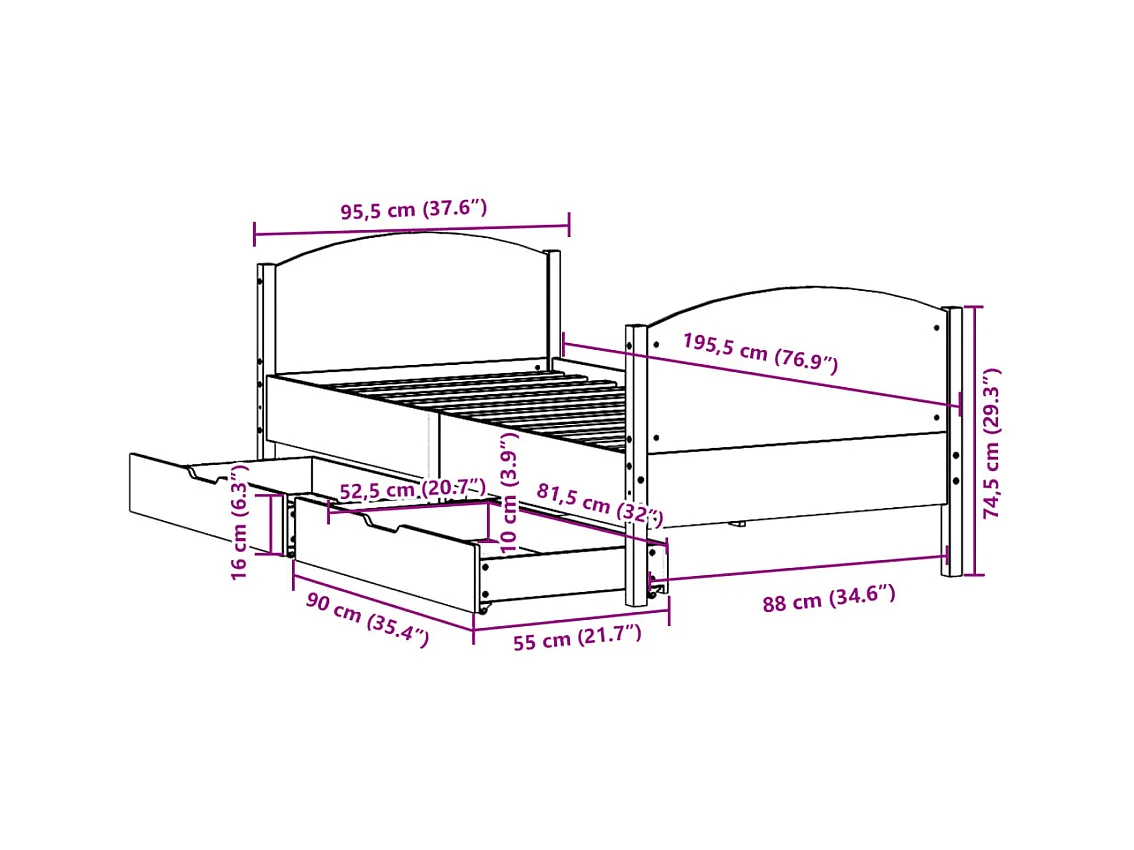 Letto senza Materasso Bianco 90x190 cm in Legno Massello Pino